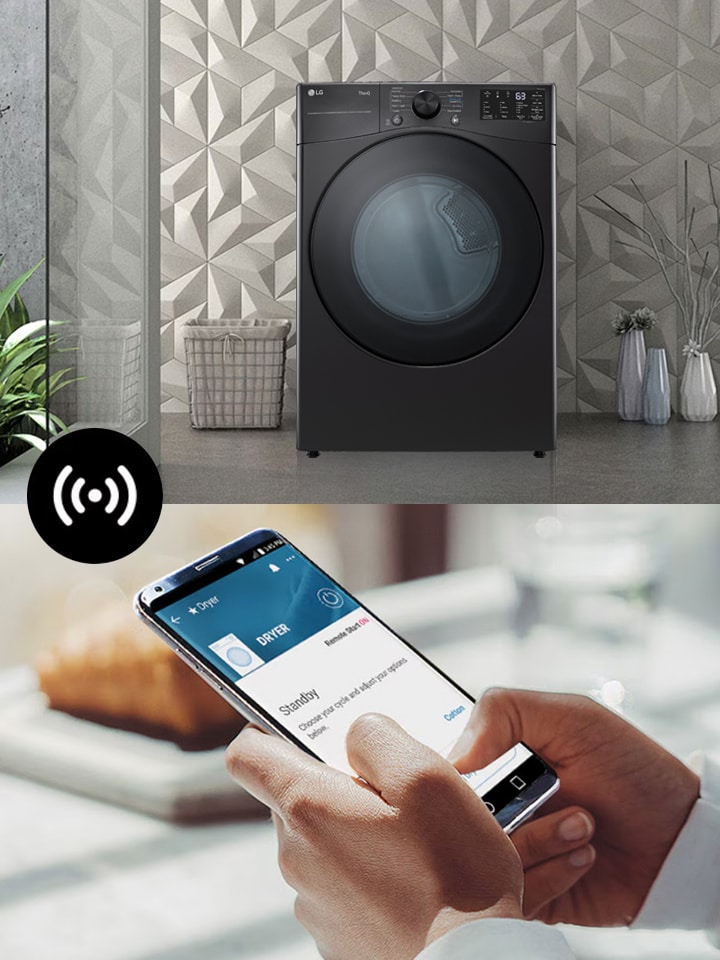 Sécheuse LG connectée à droite via smartphone, à gauche dans une pièce moderne.
