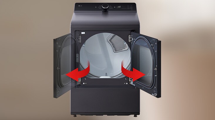 Sèche-linge LG noir avec porte réversible ouverte des deux côtés, illustrée par des flèches rouges.