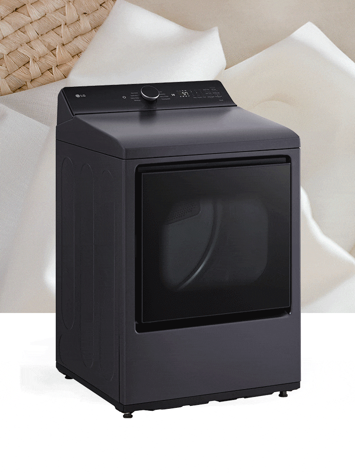 Sèche-linge LG noir mat avec panneau de commande numérique et porte vitrée carrée.