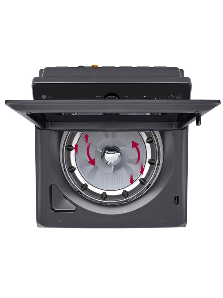 Vue de dessus d'une laveuse LG grise ouverte montrant le tambour en acier et le mouvement de l'eau par des flèches rouges.