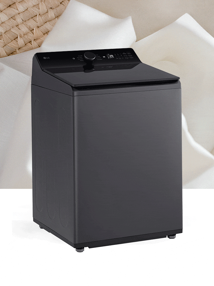 Laveuse à chargement par le haut LG gris acier avec panneau de commande numérique et couvercle en verre.