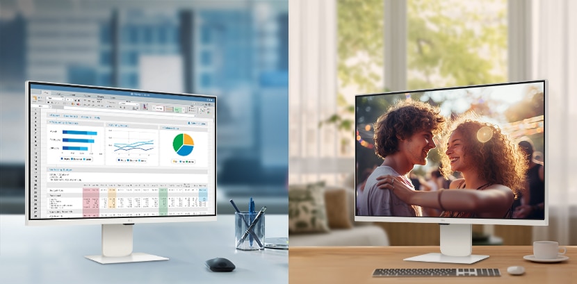 Une photo montrant des LG Smart Monitors dans un bureau et à la maison.