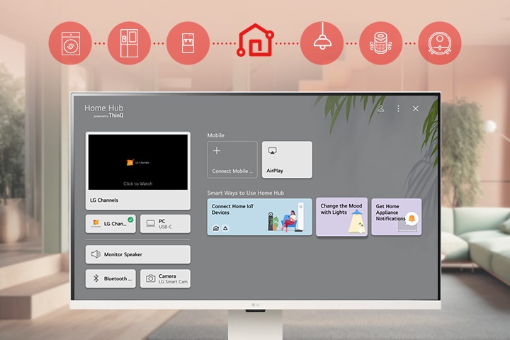 L’écran du LG Smart Monitor affiche l’interface du tableau de bord ThinQ Home.