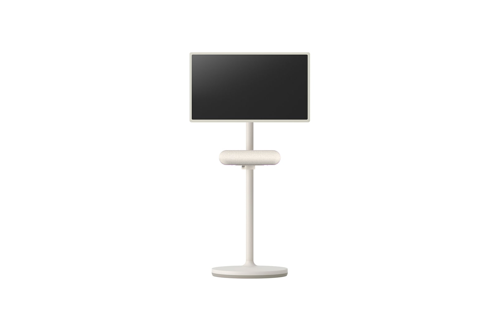 Vue de face du haut-parleur fixé sur le StanbyME de LG, avec l’écran réglé sur le mode horizontal