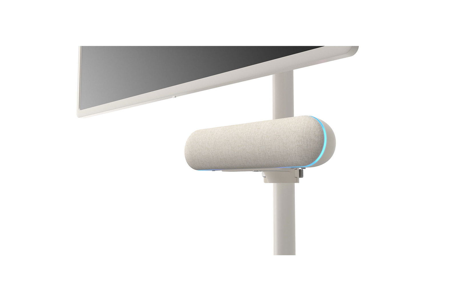 Gros plan sur la vue à un angle de 45 degrés du haut-parleur fixé sur le StanbyME de LG, avec éclairage d’ambiance menthe activé