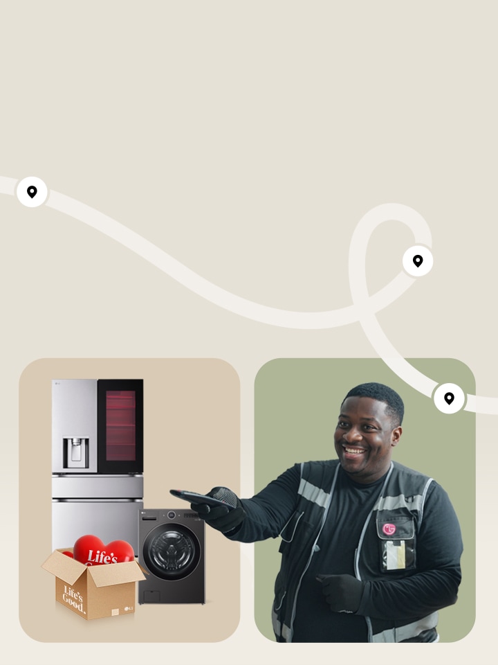 An LG refrigerator and washing machine next to a box filled with heart-shaped balloons labeled ‘Life’, with a character holding a heart and a woman using a smartphone connected by a curved line.