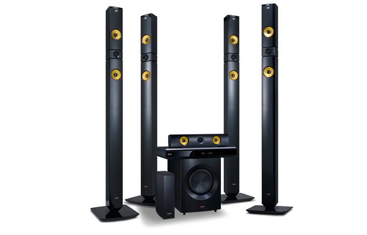 Vue avant de Enveloppez-vous d&#39;un son ambiophonique et profitez d&#39;un divertissement en HD intégrale 1080p 3D avec le système de cinéma maison Smart 3D BH9530TW de 1460 W à 9,1 canaux de LG et ses neuf haut-parleurs sans fil avant, arrière et centraux, et d&#39;un puissant caisson de basses. BH9530TW