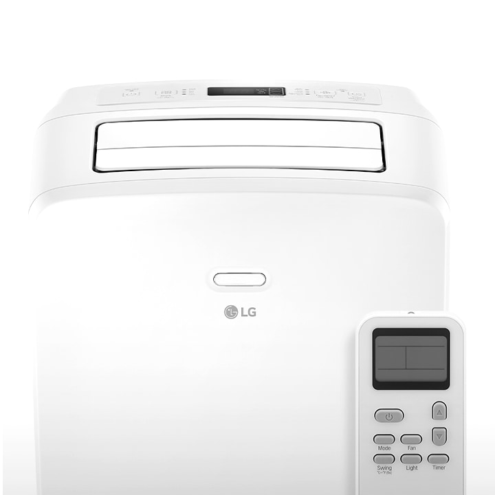 Gros plan sur le panneau de commande d’un climatiseur portatif de LG doté d’un écran à DEL et d’une télécommande pour une utilisation pratique.