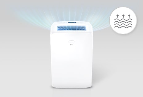 Climatiseur portatif de LG avec système d’évaporation automatique et illustration de la circulation d’air.
