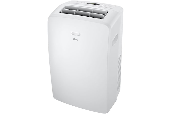 Vue oblique droite d’un climatiseur portatif de LG avec l’ailette supérieure ouverte
