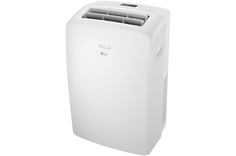 Vue oblique droite d’un climatiseur portatif de LG avec l’ailette supérieure ouverte