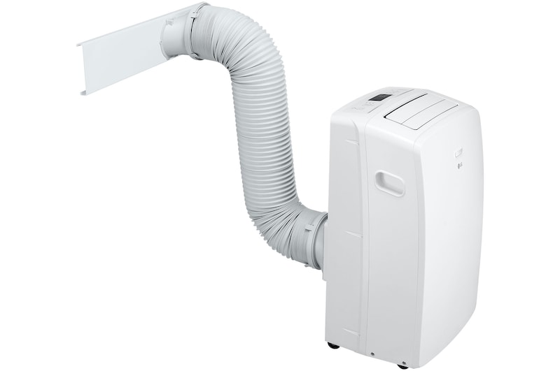 Vue latérale gauche du climatiseur portatif de LG avec les accessoires installés