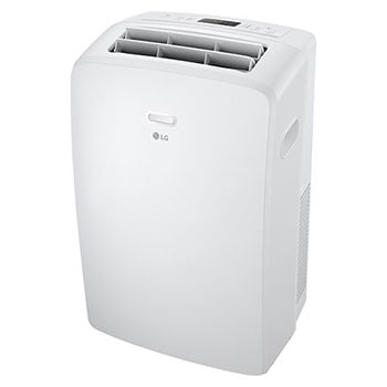 Vue oblique droite d’un climatiseur portatif de LG avec l’ailette supérieure ouverte