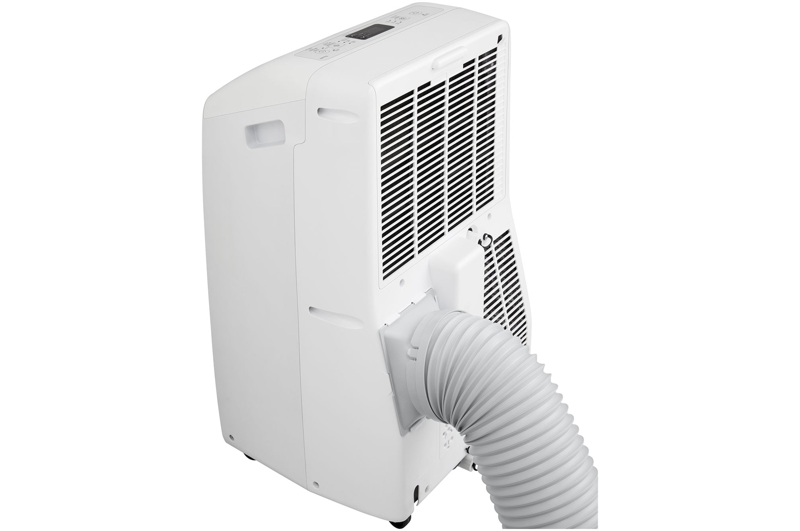 Vue arrière gauche du climatiseur portatif de LG avec les accessoires installés