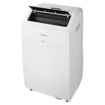 Vue oblique droite d’un climatiseur portatif de LG avec l’ailette supérieure ouverte