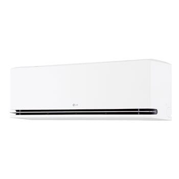 LG Dual Vane air conditioner shown in a living room. Cool air flows upward on the left, warm air downward on the right. The accompanying text reads: 'DUAL Vane spreads airflow up or down, further and faster, for ideal comfort in any season.'