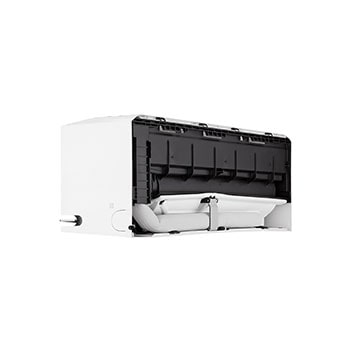Left low-angle front view of LG ai air conditioner with open lower vane