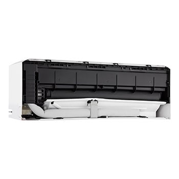 Hands opening the lower vane of an LG air conditioner for cleaning or maintenance