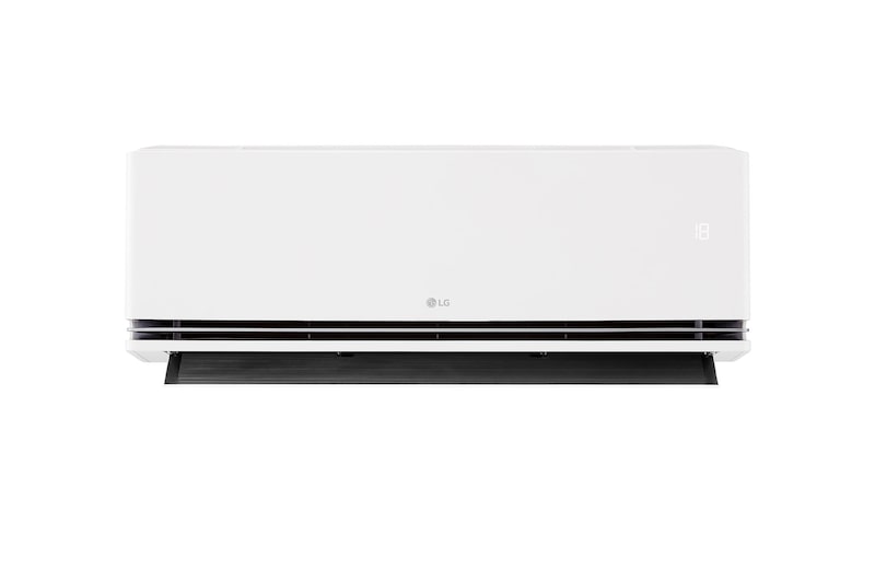 Front view of an LG air conditioner with the lower vane open
