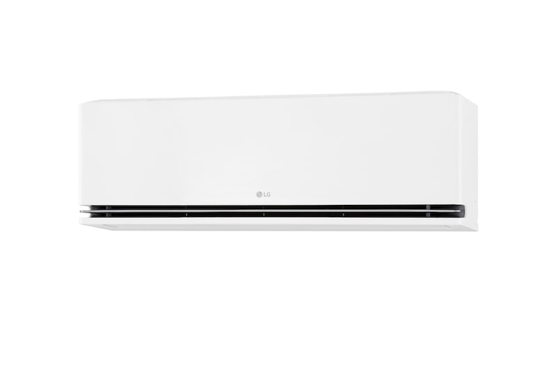 Illustration of LG AI Air technology in a living room with a wall-mounted air conditioner. The system adjusts airflow by sensing room temperature and user location. The accompanying text reads: 'AI Air with radar sensor: AI Air senses room temperature and adjusts airflow based on your location for comfort.'