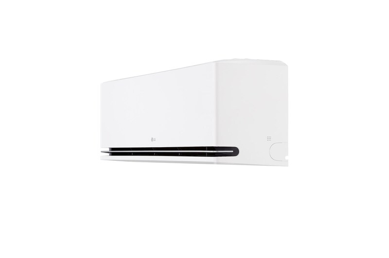 LG air conditioner with Proactive Energy Control feature. A smartphone shows an energy graph with a red alert, managing cooling and limits. Text: 'Proactive energy control. Smart control helps manage cooling and sets energy limits.'