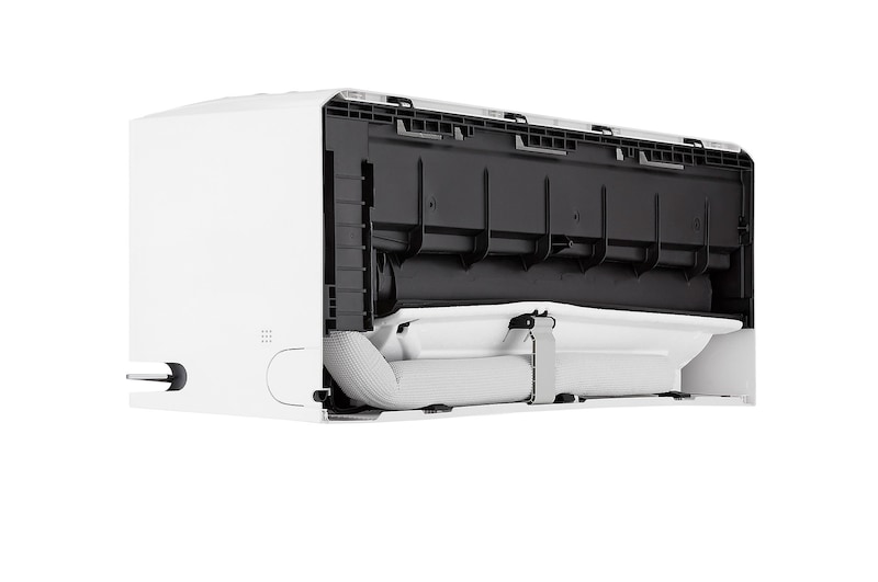 Left low-angle front view of LG ai air conditioner with open lower vane
