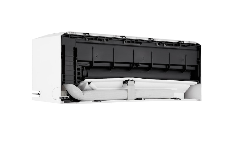 Angled top-front view of LG ai air conditioner with its top panel and grille visible