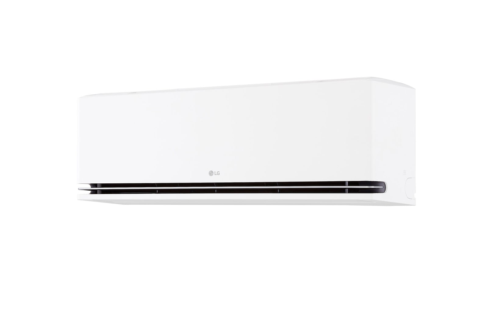 LG Dual Vane air conditioner shown in a living room. Cool air flows upward on the left, warm air downward on the right. The accompanying text reads: 'DUAL Vane spreads airflow up or down, further and faster, for ideal comfort in any season.'
