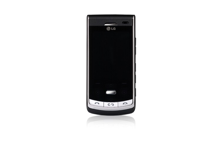 Vue avant de Secret | Téléphone mobile mince avec écran ACL en verre trempé et endos à fibres de carbone, appareil-photo de 5,0 mégapixels, touche multimédia et navigation « Neon Touch » LGTU750