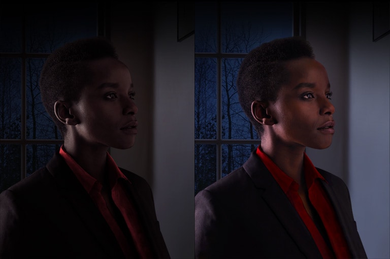 Photos de la même femme; celle de gauche est sombre et celle de droite est lumineuse.