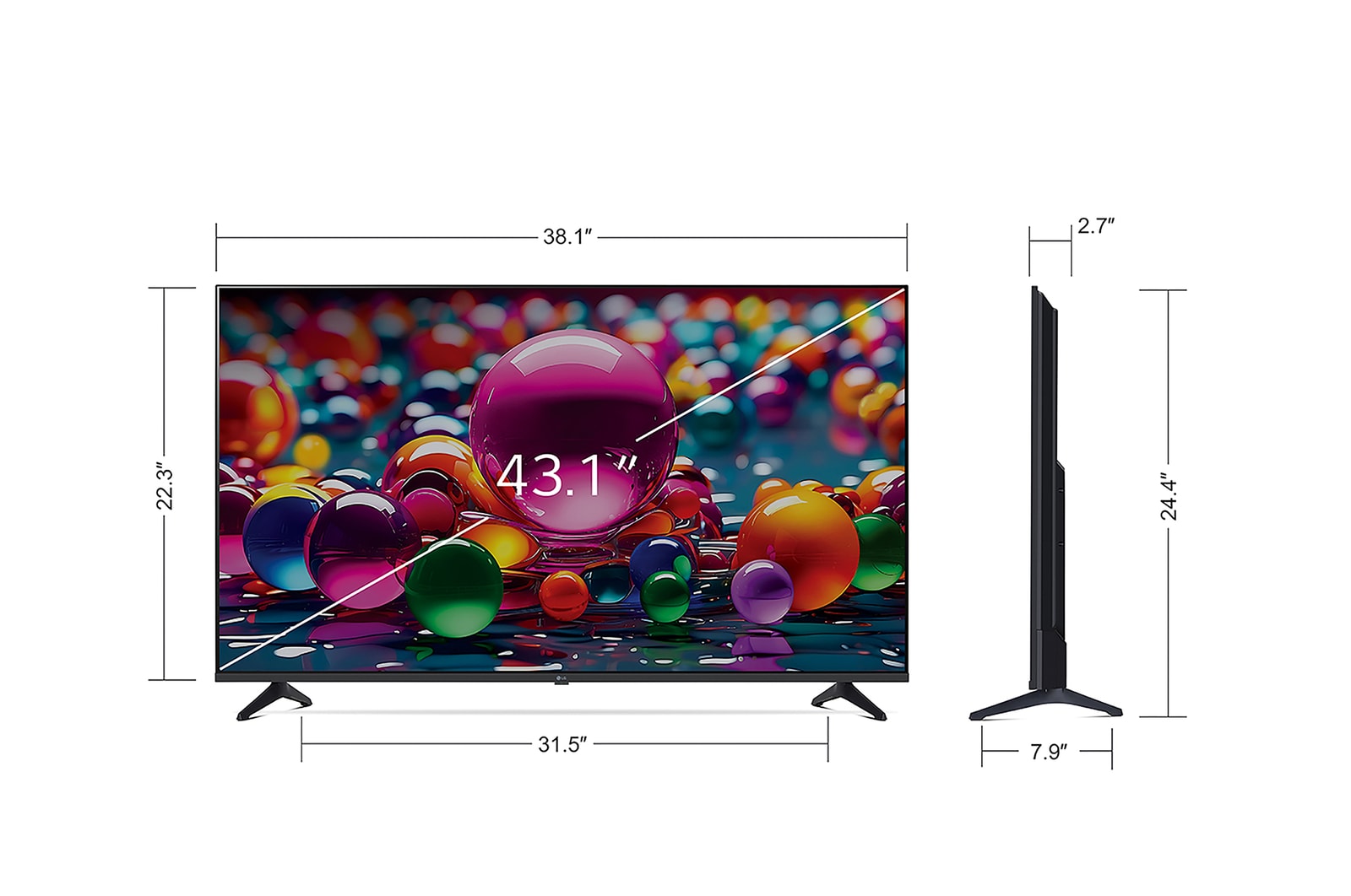 Vue avant et vue latérale du téléviseur smart 4K LG UHD AI UA77, illustrant ses dimensions en longueur, largeur, hauteur et profondeur.