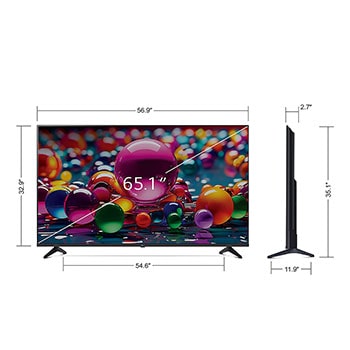 Vue avant et vue latérale du téléviseur smart 4K LG UHD AI UA77, illustrant ses dimensions en longueur, largeur, hauteur et profondeur.