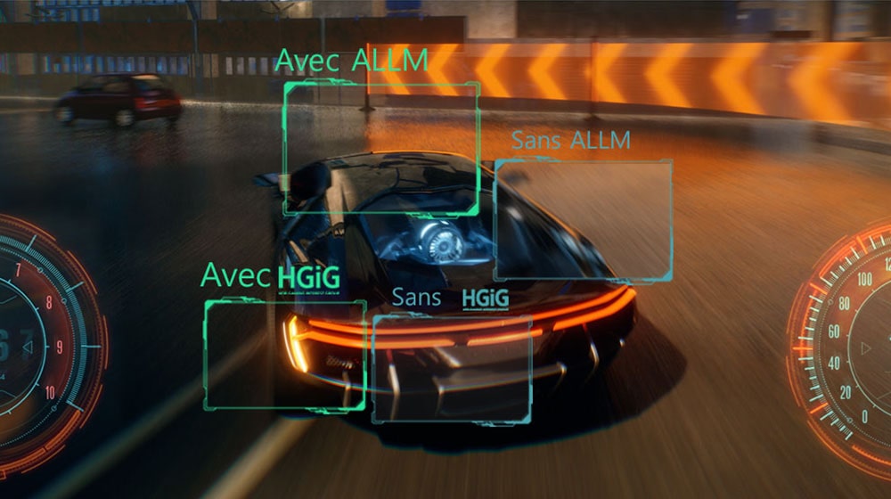 Une photo d’un jeu de course montrant l’amélioration de la qualité de l’image fournie par HGIG et ALLM par rapport à l’image sans HGIG et ALLM.