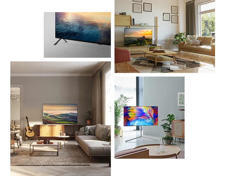 Une vue de côté des pieds de la base du LG OLED A2.  Un LG OLED A2 est posé sur un meuble de téléviseur en bois dans un salon neutre avec des plantes et des livres. Un LG OLED A2 avec Socle Gallery se trouve dans le coin d'une pièce couleur menthe avec plusieurs plantes. Un LG OLED A2 est posé sur un meuble de téléviseur en bois dans un salon neutre avec une guitare, une caméra et des plantes.