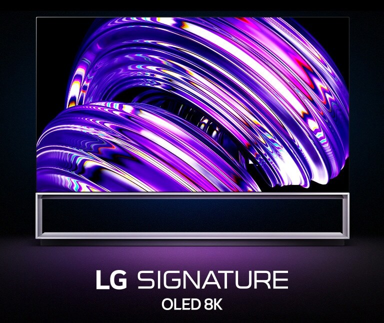 Le contour d'un LG OLED Z2 apparaît sur fond noir. Une fois que le téléviseur prend entièrement forme, une image violette abstraite s'affiche à l'écran et le texte « LG SIGNATURE OLED 8K » apparaît en dessous.