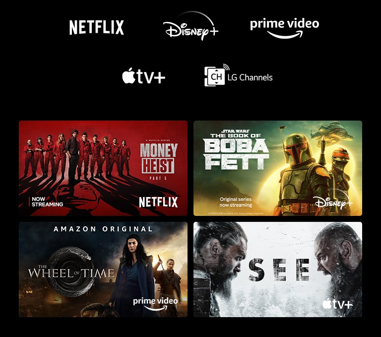 Une affiche de La Maison de papier de Netflix, Le Livre de Boba Fett de Disney Plus, La Roue du temps de Prime Video et Jour noir d’Apple TV Plus.