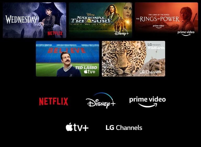 Une affiche de Wednesday de Netflix, National Treasure de Disney+, The Rings of Power de Prime Video, Ted Lasso d’Apple TV Plus, et photo de LG Channels avec un léopard dans la nature.