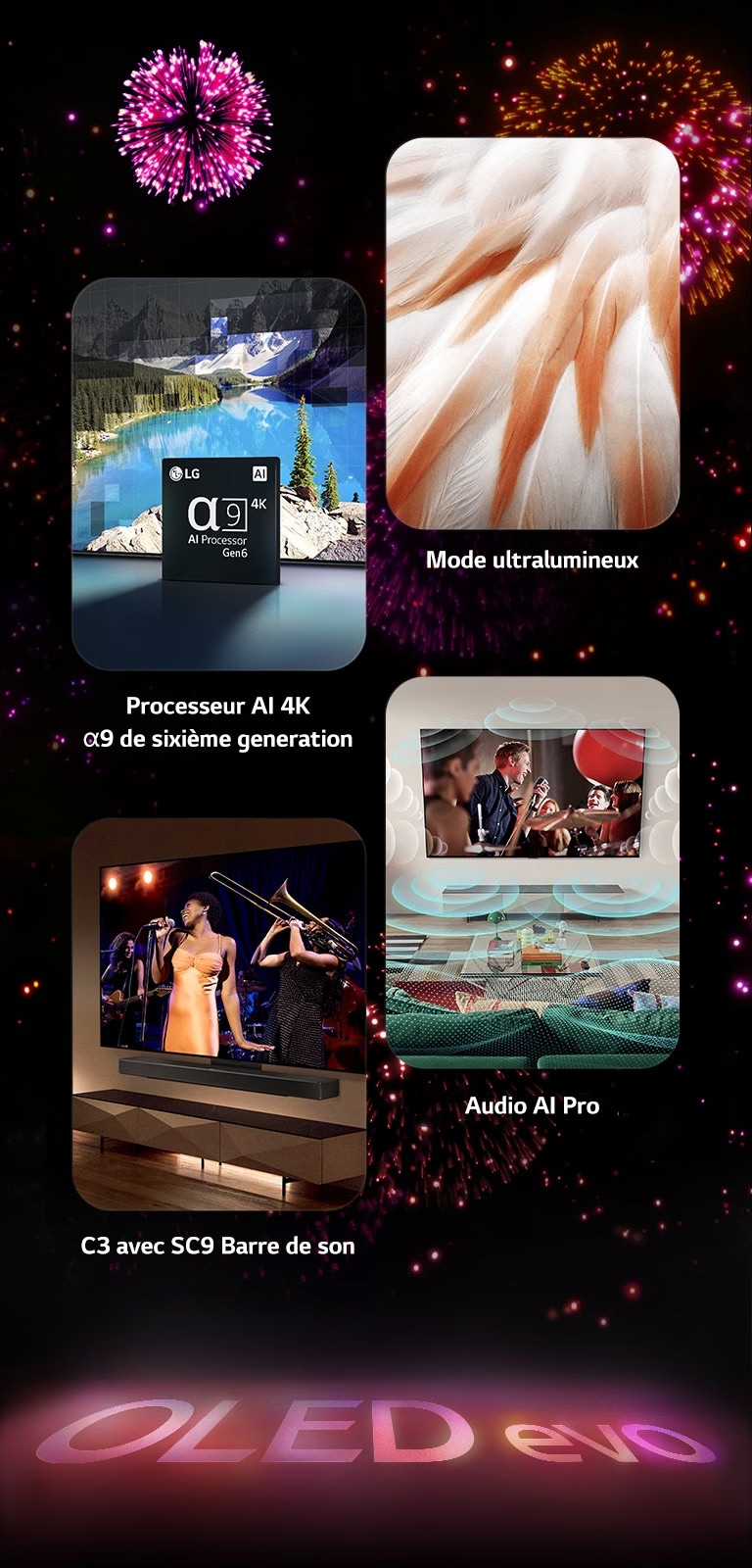 Une image présentant les principales caractéristiques du téléviseur OLED evo C3 de LG sur un fond noir avec un feu d’artifice rose et violet. Le reflet rose du feu d’artifice au sol montre le terme « OLED evo ». Dans l’image, le processeur IA α9 4K de sixième génération est représenté devant l’image d’une scène de lac rematricée avec la technologie de traitement. Une image présentant le mode ultralumineux maximal montre les plumes éclatantes d’un oiseau. Une image présentant la barre de son SC9 montre le téléviseur OLED evo C3 de LG et la barre de son SC9 bien accrochés au mur, ainsi qu’un concert de musique diffusé sur le téléviseur. Une image présentant la fonction Son AI Pro montre un spectacle de rock sur le téléviseur ainsi que des bulles de musique représentant des ondes sonores qui remplissent l’espace de vie.