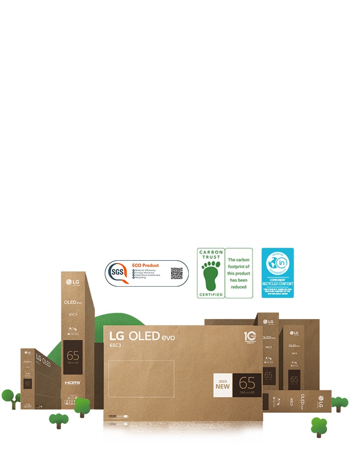 L’emballage écologique de l’OLED de LG montré en compagnie de montagnes et d’arbres vigoureux.