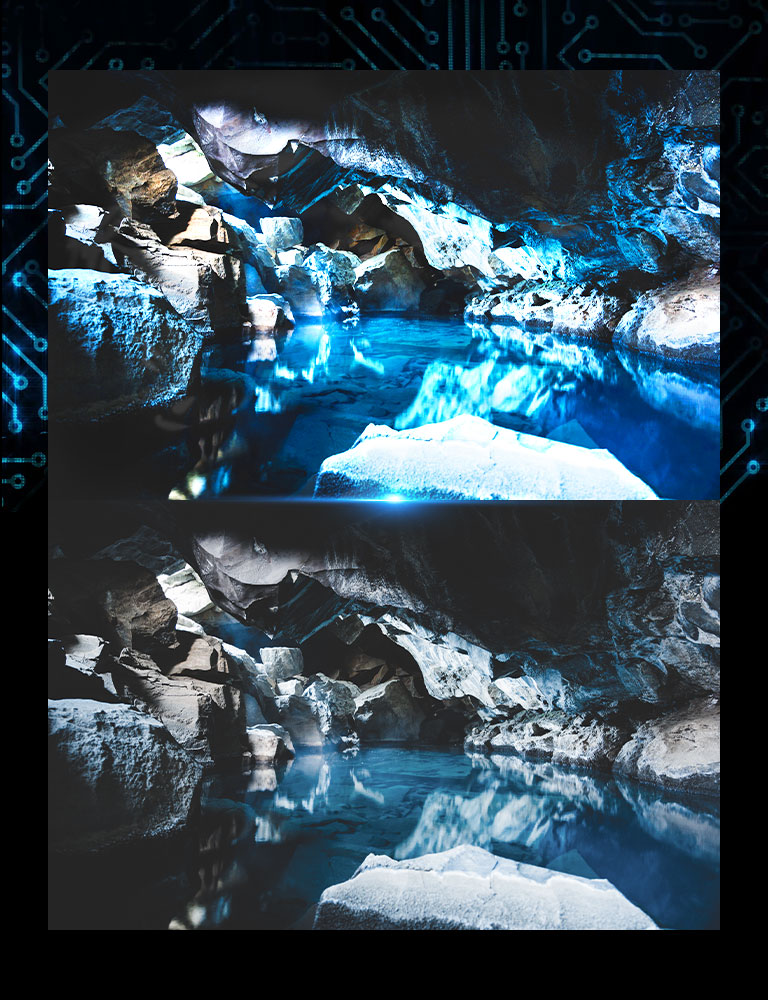 Il y a une image de l’intérieur d’une grotte bleu sombre et l’image d’une puce de processeur dans le coin inférieur droit. La même image de la grotte bleu sombre se trouve directement en dessous, mais avec des couleurs plus pâles.