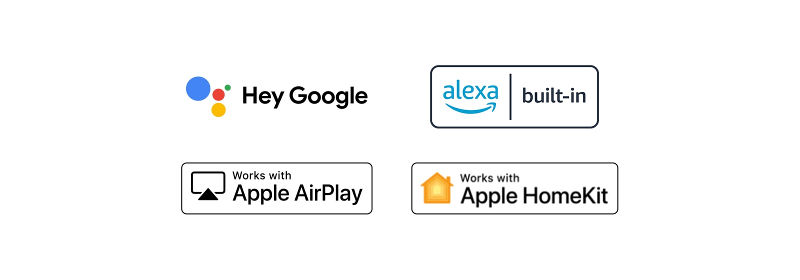 Quatre logos sont déplacés l’un après l’autre – Hey Google, Alexa intégrée, Fonctionne avec Apple AirPlay, Fonctionne avec Apple HomeKit.