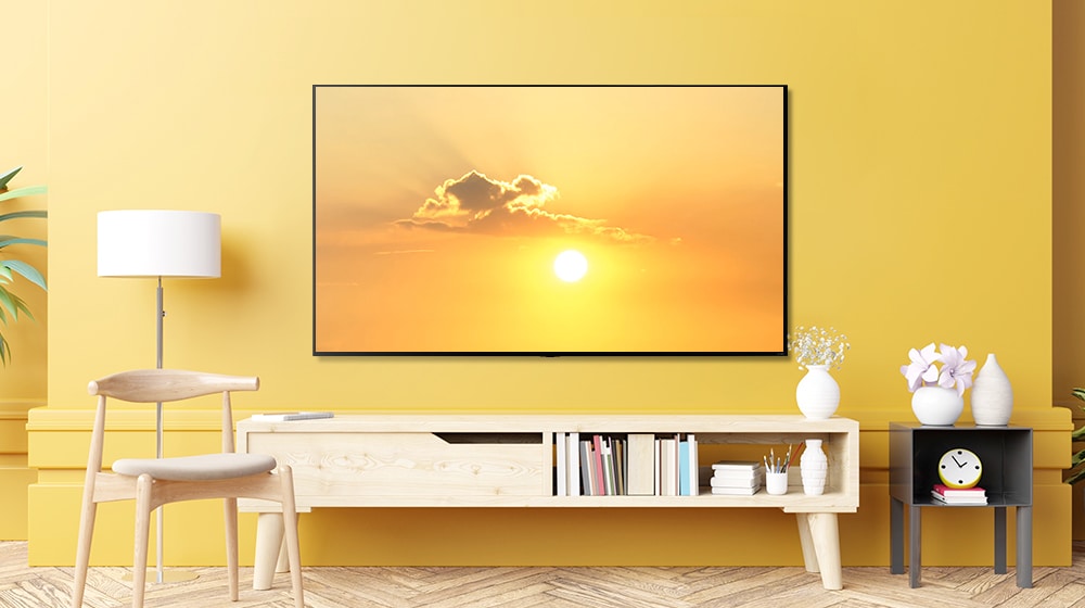 Un téléviseur suspendu dans le salon montre un ciel avec un oiseau en plein vol. Le téléviseur s’éteint et la séquence bascule vers un téléviseur accroché au mur d’une chambre à coucher. Le téléviseur s’allume et affiche la même scène de ciel avec un oiseau qui vole.