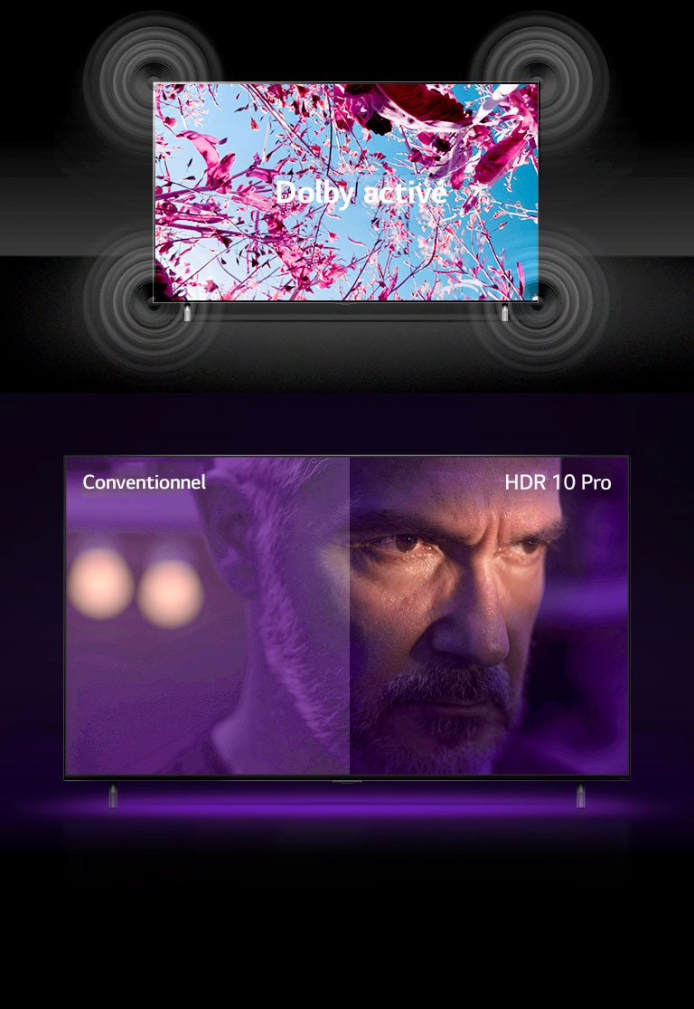 L’écran du téléviseur QNED présente des fleurs roses de colza dans un champ d’été, et le texte au milieu affiche les mots « Dolby DÉSACTIVÉ ». L’image à l’écran devient plus lumineuse et le texte se transforme pour dire « Dolby ACTIVÉ ». Un autre téléviseur QNED se trouve en dessous avec un vieil homme fâché à l’écran. Une image sur l’écran du téléviseur est divisée en deux. La partie gauche de l’image paraît terne et de couleur moins vive, et la partie droite semble plus vive avec plus de couleurs. Dans le coin supérieur gauche, il est écrit « conventionnel », et dans le coin supérieur droit, il est écrit « HDR 10 PRO ».