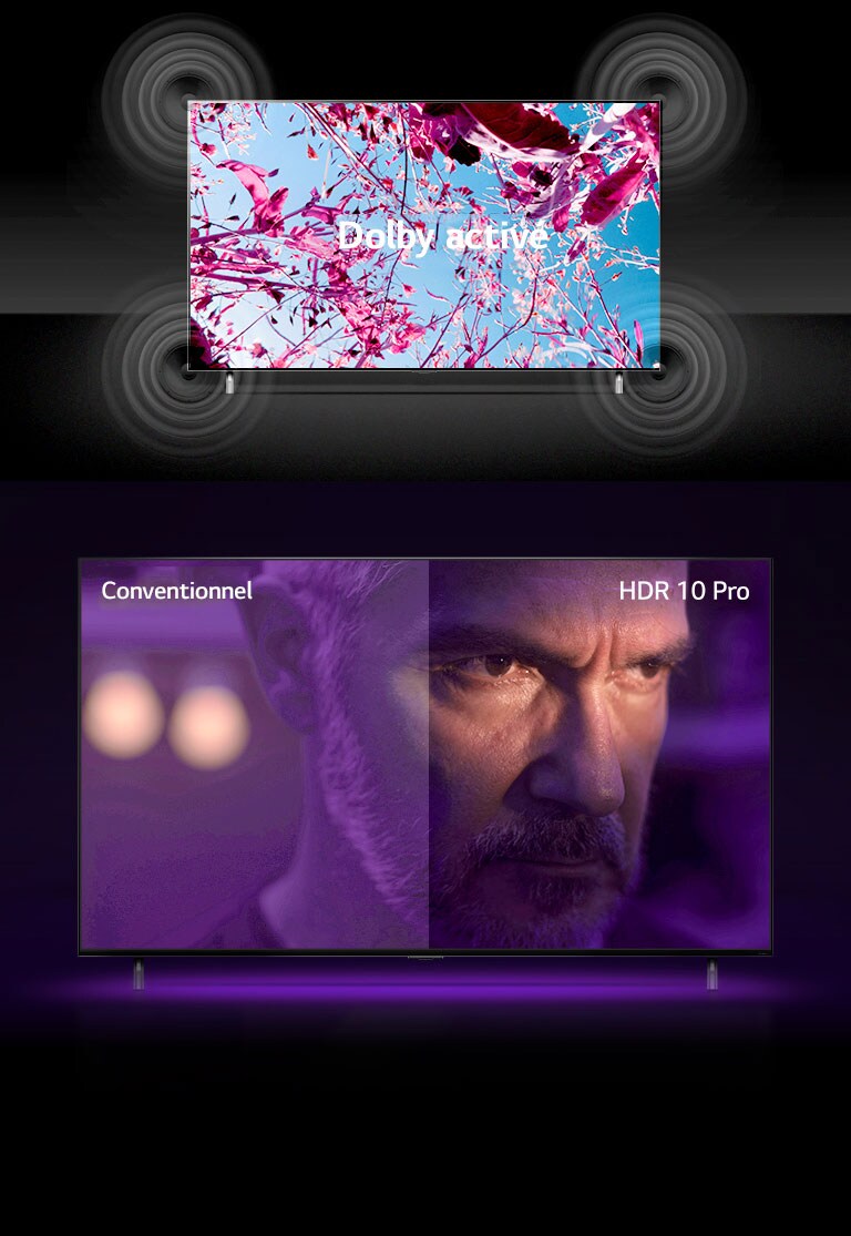 L’écran du téléviseur QNED présente des fleurs roses de colza dans un champ d’été, et le texte au milieu affiche les mots « Dolby DÉSACTIVÉ ». L’image à l’écran devient plus lumineuse et le texte se transforme pour dire « Dolby ACTIVÉ ». Un autre téléviseur QNED se trouve en dessous avec un vieil homme fâché à l’écran. Une image sur l’écran du téléviseur est divisée en deux. La partie gauche de l’image paraît terne et de couleur moins vive, et la partie droite semble plus vive avec plus de couleurs. Dans le coin supérieur gauche, il est écrit « conventionnel », et dans le coin supérieur droit, il est écrit « HDR 10 PRO ».