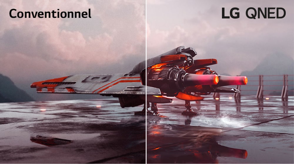 Il y a un avion de chasse rouge et une image divisée en deux – la partie gauche de l’image paraît moins colorée et légèrement plus sombre, tandis que la partie droite est plus lumineuse et plus colorée. Le coin supérieur gauche de l’image affiche le mot « Conventionnel », et le coin supérieur droit affiche le logo LG QNED.