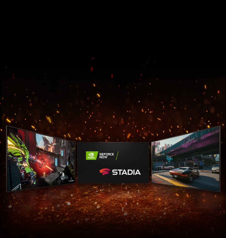 Trois téléviseurs sont montrés. L’écran du milieu affiche deux logos placés en diagonale – le logo de NVIDIA GeFORCE NOW et le logo de STADIA. Le téléviseur de gauche affiche Splitgate et celui de droite montre Cyberpunk 2077.