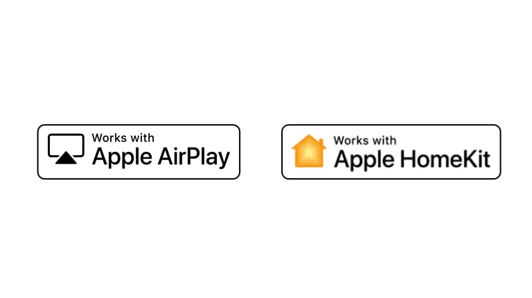 Détails montrant les logos de Hey Google, Alexa, Apple Airplay et Apple HomeKit avec lesquels l’AI ThinQ est compatible.