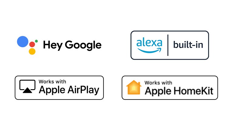 Détails montrant les logos de Hey Google, Alexa, Apple Airplay et Apple HomeKit avec lesquels l’AI ThinQ est compatible.