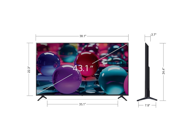Vue avant et vue latérale du téléviseur smart 4K LG UHD AI UA70, illustrant ses dimensions en longueur, largeur, hauteur et profondeur.