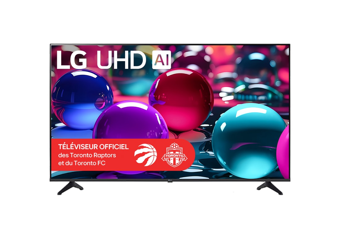 Vue avant du téléviseur UHD UA70, avec le logo LG UHD AI dans le coin supérieur. LG UHD TV présente des textures colorées rappelant une peinture en mouvement.